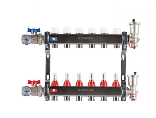 Колекторная группа для теплого пола из нержавеющей стали Rommer 1* х 3/4* - 6 выходов (в сборе с расходомерами)