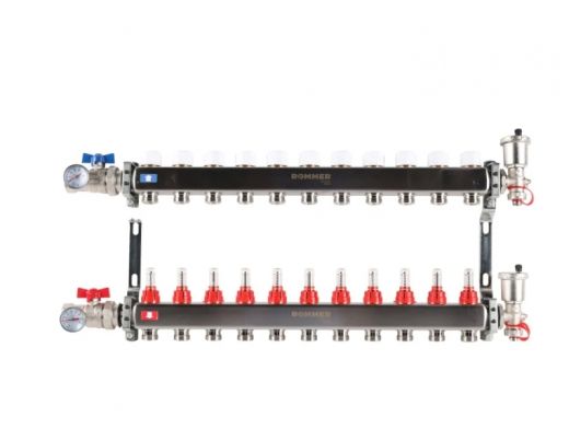 Колекторная группа для теплого пола из нержавеющей стали Rommer 1* х 3/4* - 11 выходов (в сборе с расходомерами)
