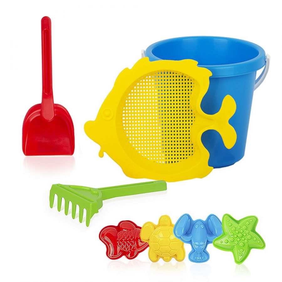 Игра Детский песочный набор «Рыбка» 8пр.(ведро большое, ситечко, формы для песка 4шт., совок, грабли)