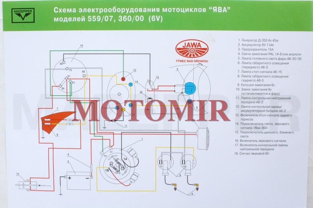 Схема электропроводки Ява 6 вольт (для 360) (цветная)