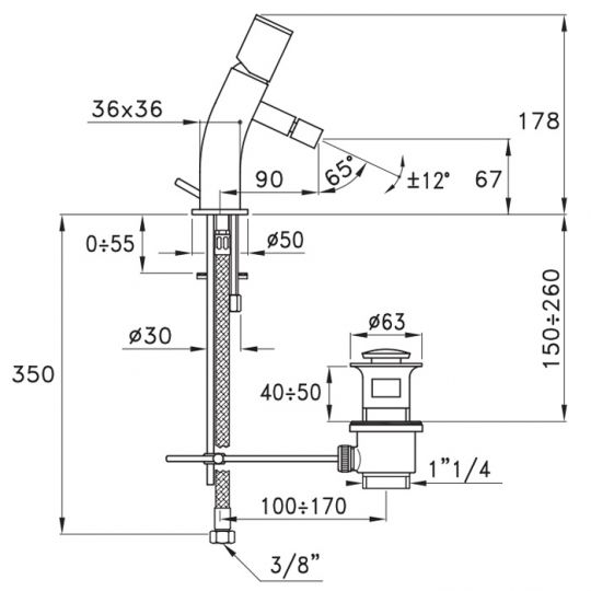 Смеситель Stella Bamboo Quadro для раковины на 1 отверстие 3224 с донным клапаном схема 3