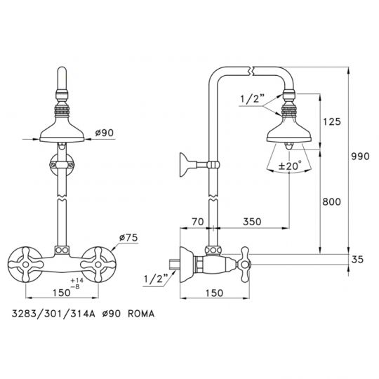 Душевой комплект Stella Roma 3283/301/314A-90: смеситель штанга+ручной+верхний душ 90мм ФОТО