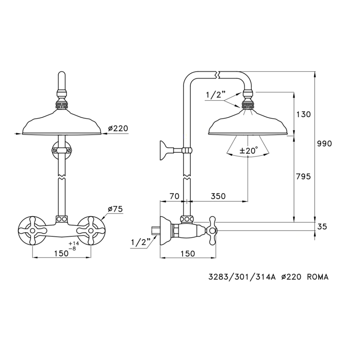 Душевой комплект Stella Roma 3283/301/314A-90: смеситель штанга+ручной+верхний душ 90мм схема 6