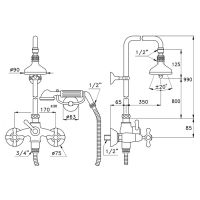 Душевой комплект Stella Roma 3284/301/314A-90: смеситель штанга+ручной+верхний душ 90мм схема 2