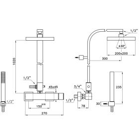 Душевой комплект Stella Bamboo Quadro 3283/420/304-200: смеситель штанга+ручной+верхний душ 200мм ФОТО