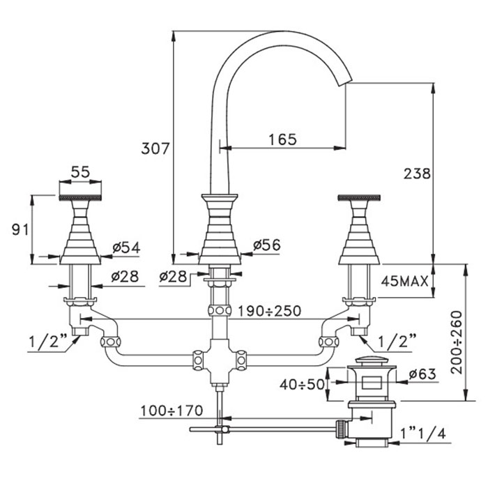 Смеситель для раковины Stella Titian TT 00015 AU02 на 3 отверстия схема 3