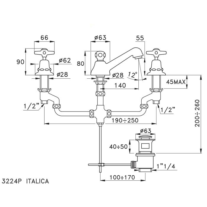 Смеситель Stella Italica для раковины на 3 отверстия 3224P с донным клапаном схема 2