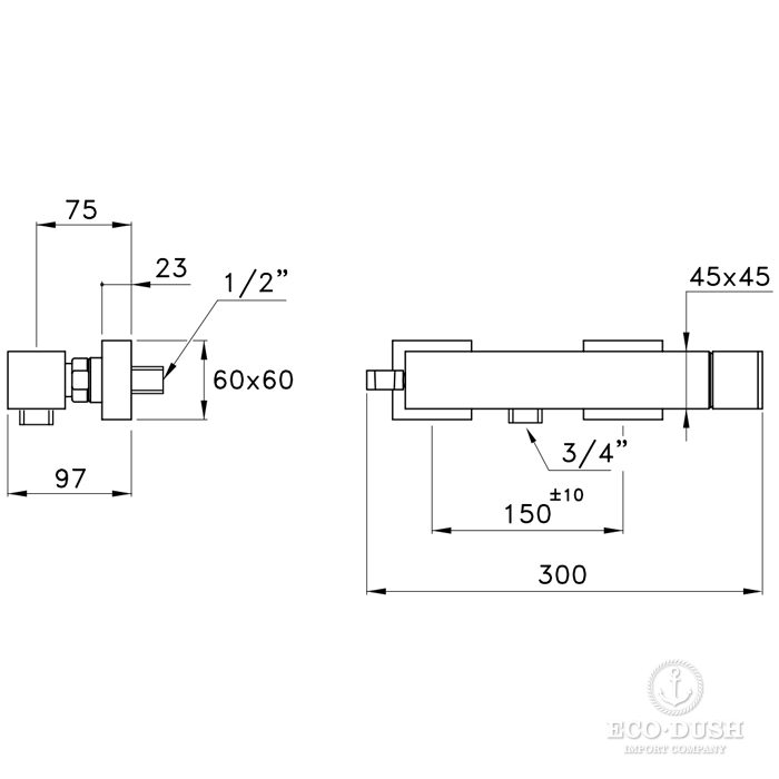 Смеситель Stella Bamboo Quadro для душа 3283AC вывод снизу с держателем лейки схема 4