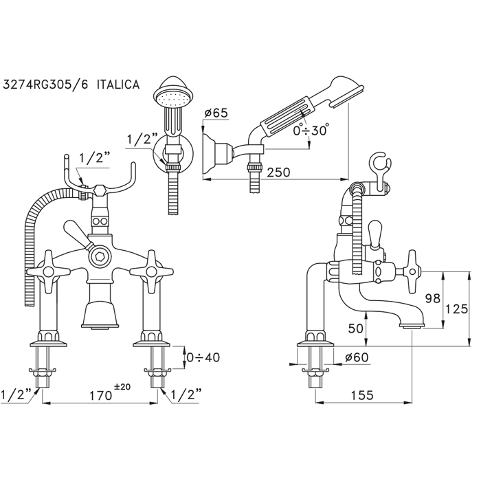 Смеситель Stella Italica для ванны 3274/305/6 с ручным душем схема 4