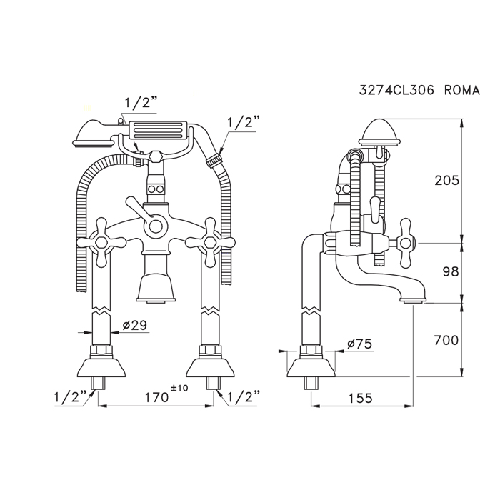 Напольный смеситель для ванны Stella Roma 3274CL306 с ручным душем схема 3