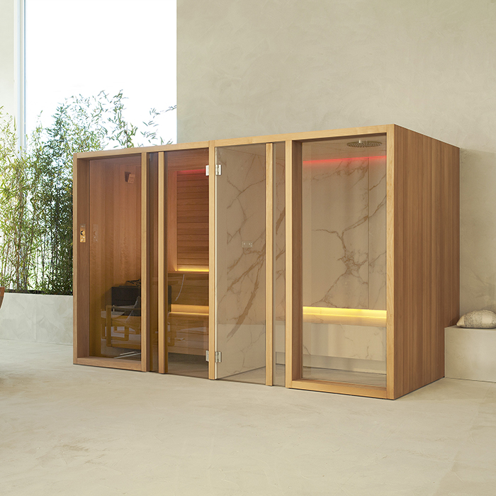 Изображение Сауна-хаммам Effe Yoku Spa Shelf 444x170 YO 70 31 0004 термообработанная древесина/золотой каллакатский мрамор