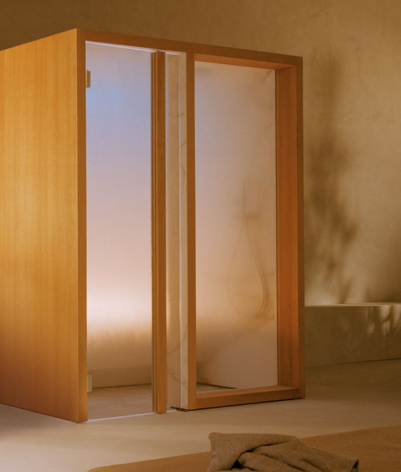 Изображение Хаммам Effe Yoku H Glass 174x170 YO 50 11 0002 правый, термообработанная осина/золотой каллакатский мрамор