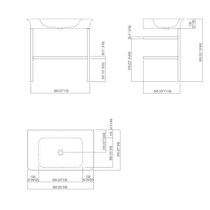 Консоль Agape Novecento XL под раковину с полкой 85.2x49.7x72.7 см цвет: матовый темный серый схема 2