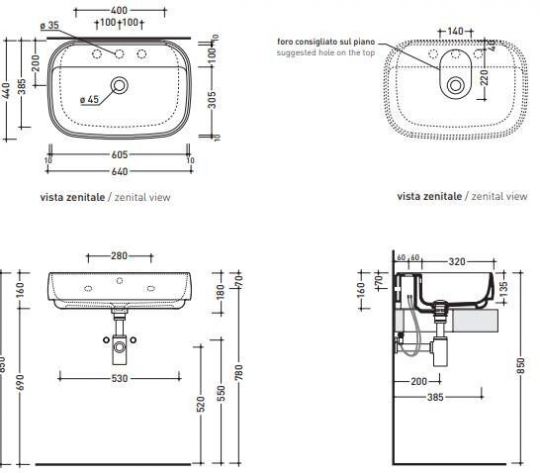 Раковина Flaminia Flag 64 Countertop - Wall Hung Basin 64х44 ФОТО