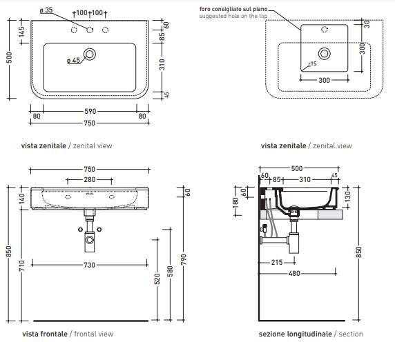 Раковина Flaminia Madre 75 Wall Hung-Countertop-On Pedestal 75х50 схема 7