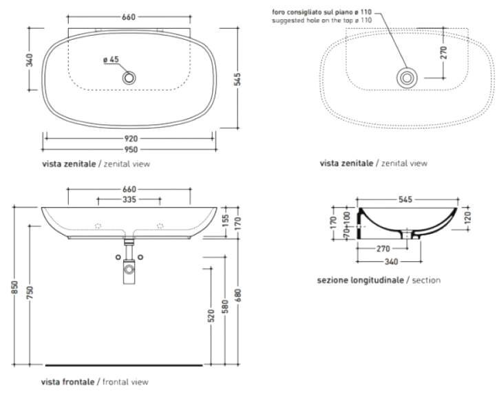 Накладная раковина Flaminia Nuda 95 Countertop - Wall Hung Basin 95х545 ФОТО