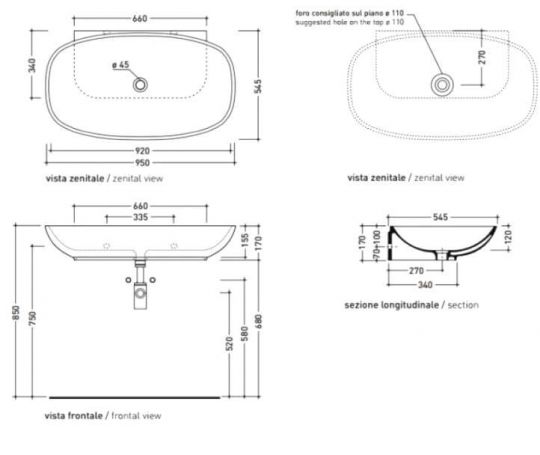 Раковина Flaminia Nuda 95 Countertop - Wall Hung Basin 95х54,5 ФОТО