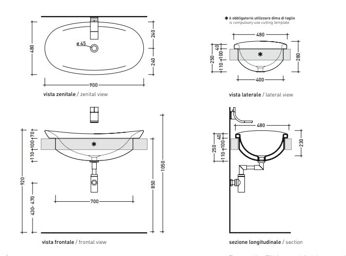 Накладная раковина Flaminia Io 90 Recessed Basin 90х48 ФОТО