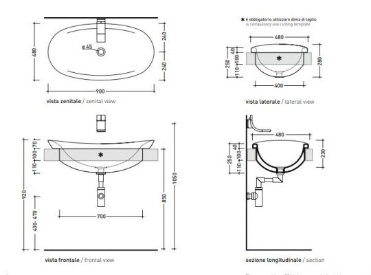 Раковина Flaminia Io 90 Recessed Basin 90х48 ФОТО