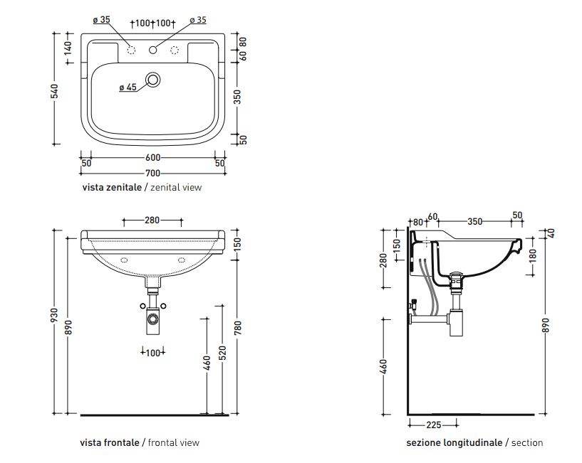 Раковина Flaminia Efi 70 Wall Hung Or Suitable For Pedestal 70х54 схема 4