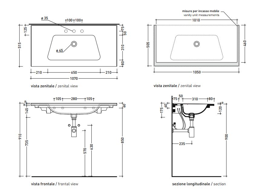 Подвесная раковина Flaminia Bloom 105 Wall Hung - For Furniture Console 107х515 ФОТО