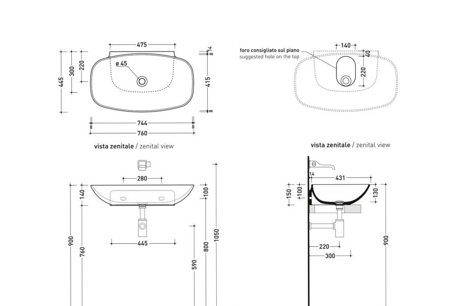 Подвесная раковина Flaminia NudaSlim 75 Countertop - Wall Hung Basin ND75L 76х445 ФОТО