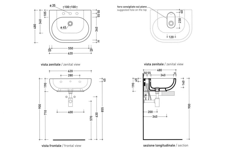 Подвесная раковина Flaminia Pass 62 Countertop - Wall Hung Basin 62х48 ФОТО