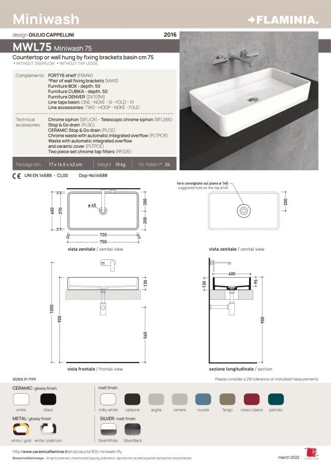 Накладная раковина Flaminia Miniwash 75 Countertop Basin MWL75 75х40 ФОТО