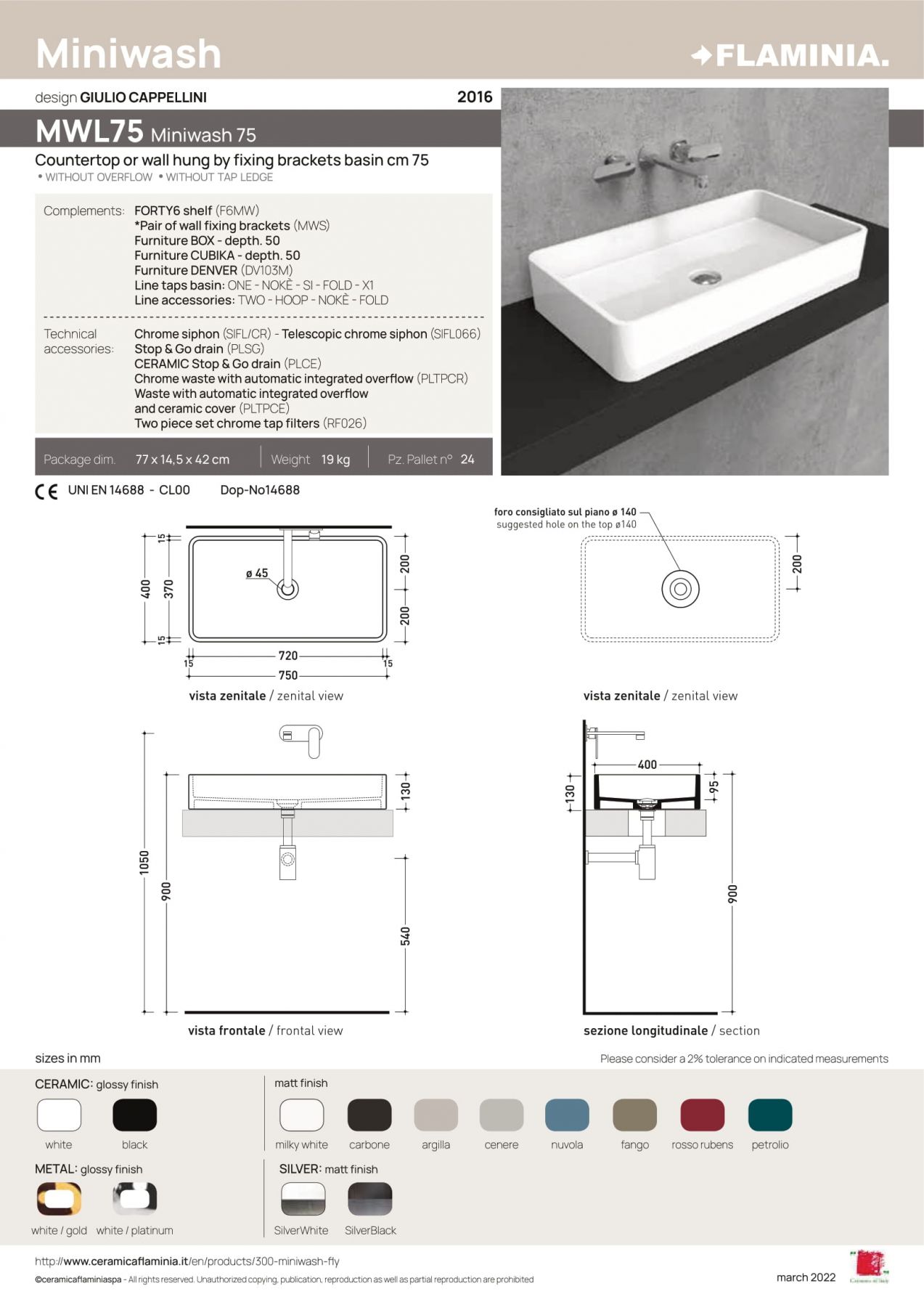 Раковина Flaminia Miniwash 75 Countertop Basin MWL75 75х40 схема 3