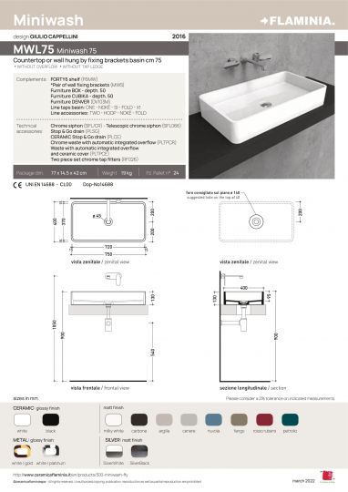 Раковина Flaminia Miniwash 75 Countertop Basin MWL75 75х40 ФОТО