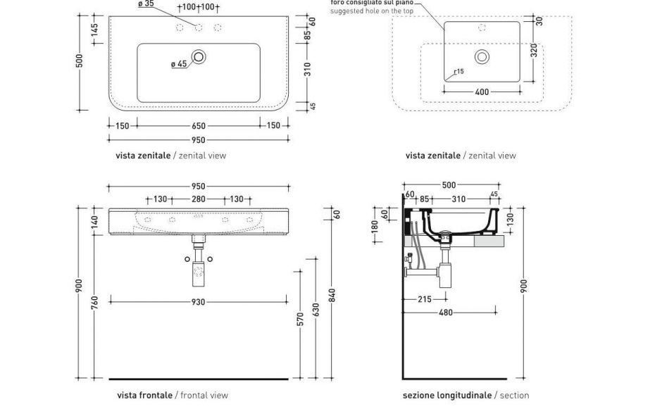 Раковина Flaminia Madre 95 Wall Hung-Countertop-On Pedestal 95х50 ФОТО