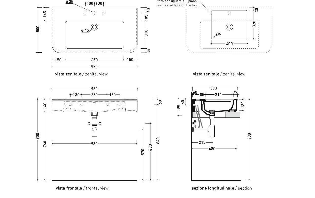 Раковина Flaminia Madre 95 Wall Hung-Countertop-On Pedestal 95х50 схема 4