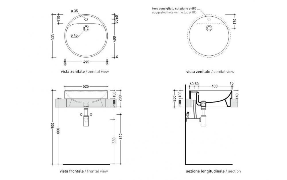 Раковина Flaminia Twin Set 52 Recessed Basin 52,5х52,5 схема 2