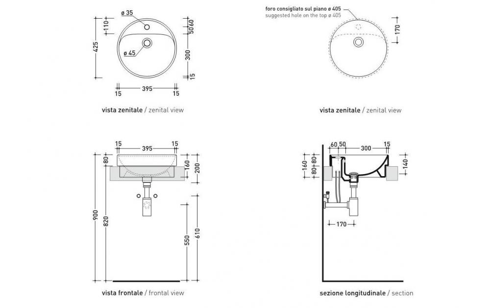 Раковина Flaminia Twin Set 42 Countertop Basin 42,5х42,5 схема 2