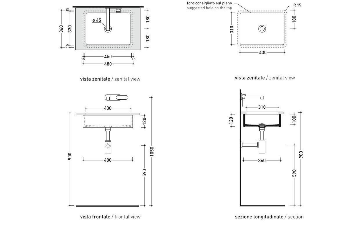 Раковина Flaminia Miniwash 48 Under-Counter Basin 43х31 схема 4