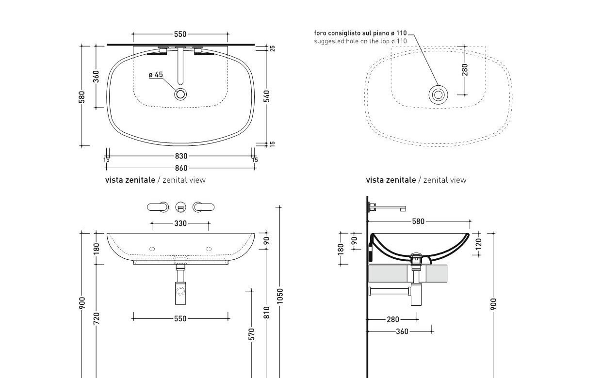 Раковина Flaminia Nuda 85 Countertop - Wall Hung Basin 5080 86х58 схема 3