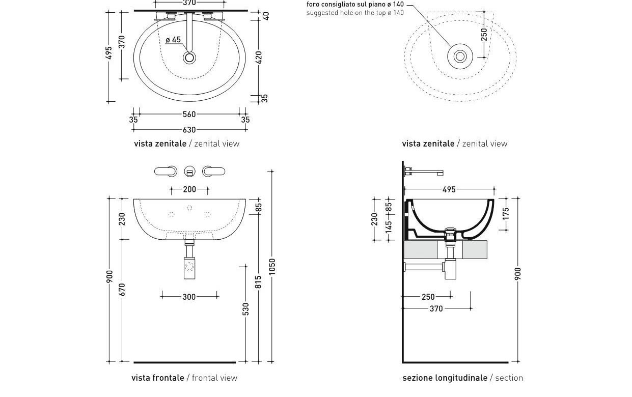 Раковина Flaminia Dip 62 Countertop - Wall Hung Basin DP482 62х49,5 схема 4