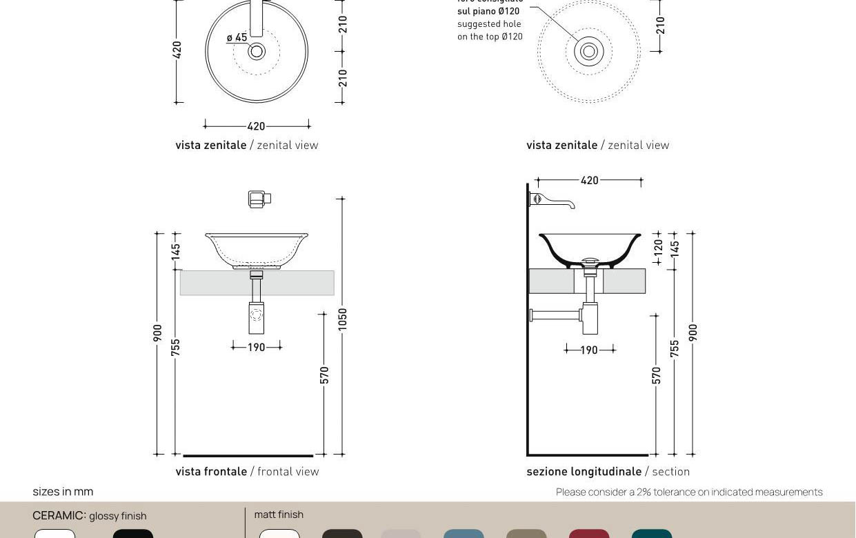 Раковина Flaminia Boll 42 Countertop Basin 42х42 схема 3