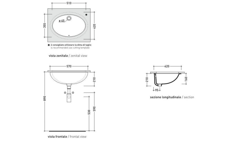 Встраиваемая снизу раковина Flaminia Normale Euro Under-Counter Basin 51х355 ФОТО