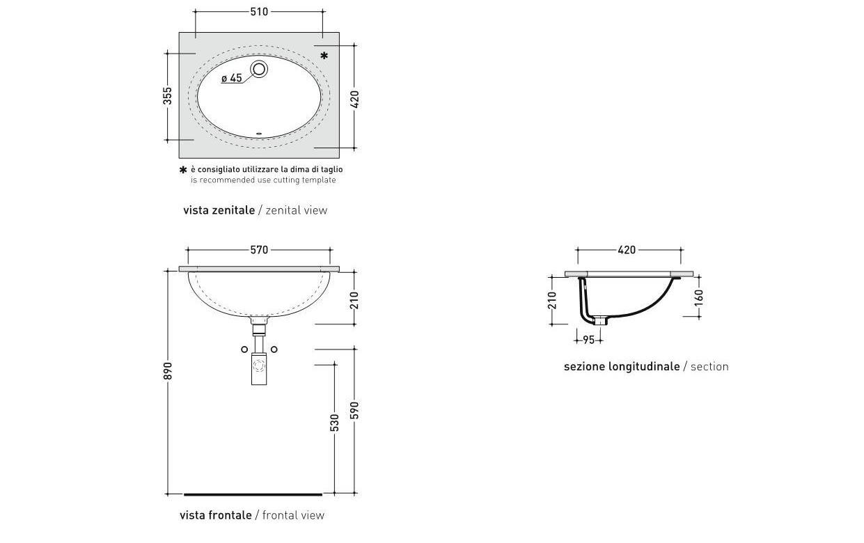 Раковина Flaminia Normale Euro Under-Counter Basin 51х35,5 схема 3