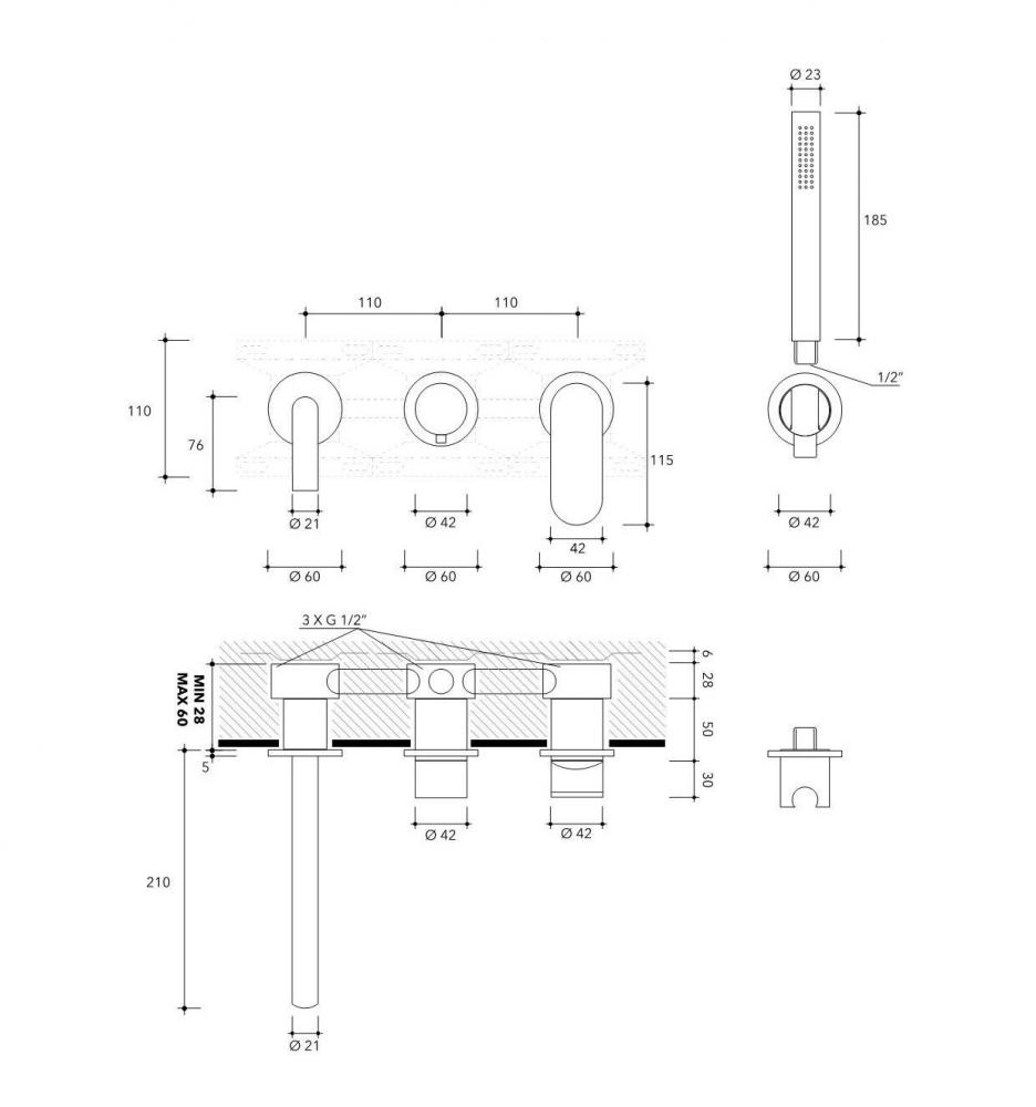 Смеситель Flaminia X1 Concealed Bath Set схема 2