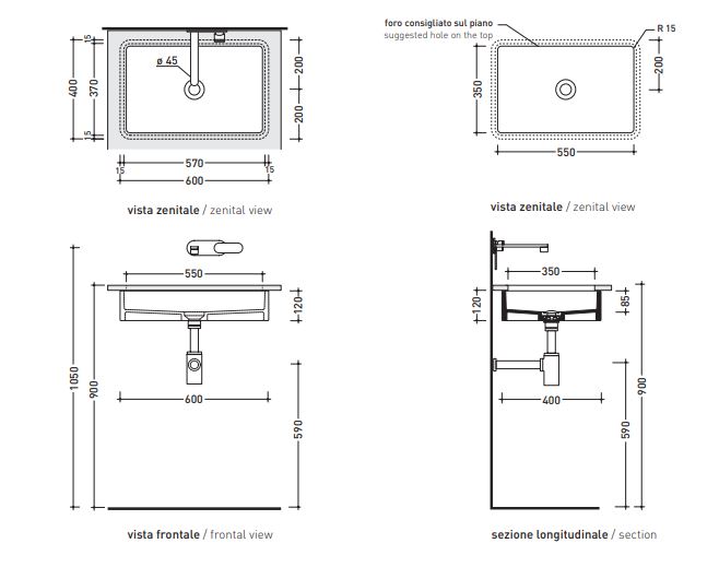 Раковина Flaminia Miniwash 60 Wall Hung Basin 60х42 схема 3