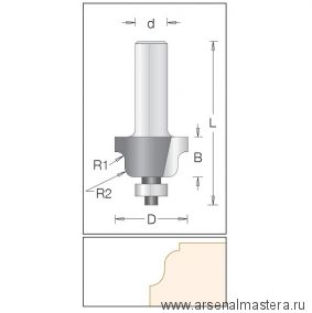 Концевая профильная кромочная фреза для работы по шаблону "римская" DIMAR D 28,6 мм B 16 мм L 63 мм d  12 мм R1 3,2 мм R2 4 мм 1130109