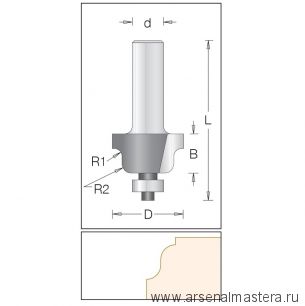 Концевая профильная кромочная фреза для работы по шаблону "римская" DIMAR D 28,6 мм B 16 мм L 63 мм d  12 мм R1 3,2 мм R2 4 мм 1130109