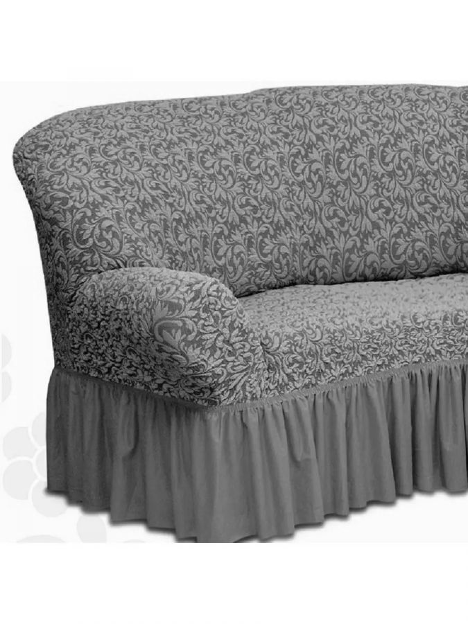 Чехол на угловой диван с оборкой Жаккард ,серый