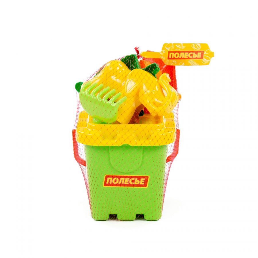 Набор №287: ведро-крепость большое, ситечко-крепость большое, лопатка №5, грабельки №5, формочки (тигр + мамонт + динозавр №1 + динозавр №2)