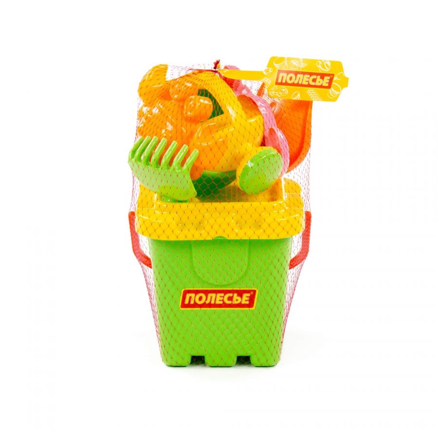 Набор №288: ведро-крепость большое, ситечко-крепость большое, лопатка №5, грабельки №5, формочки (краб №2 + морской конёк), лейка малая №4