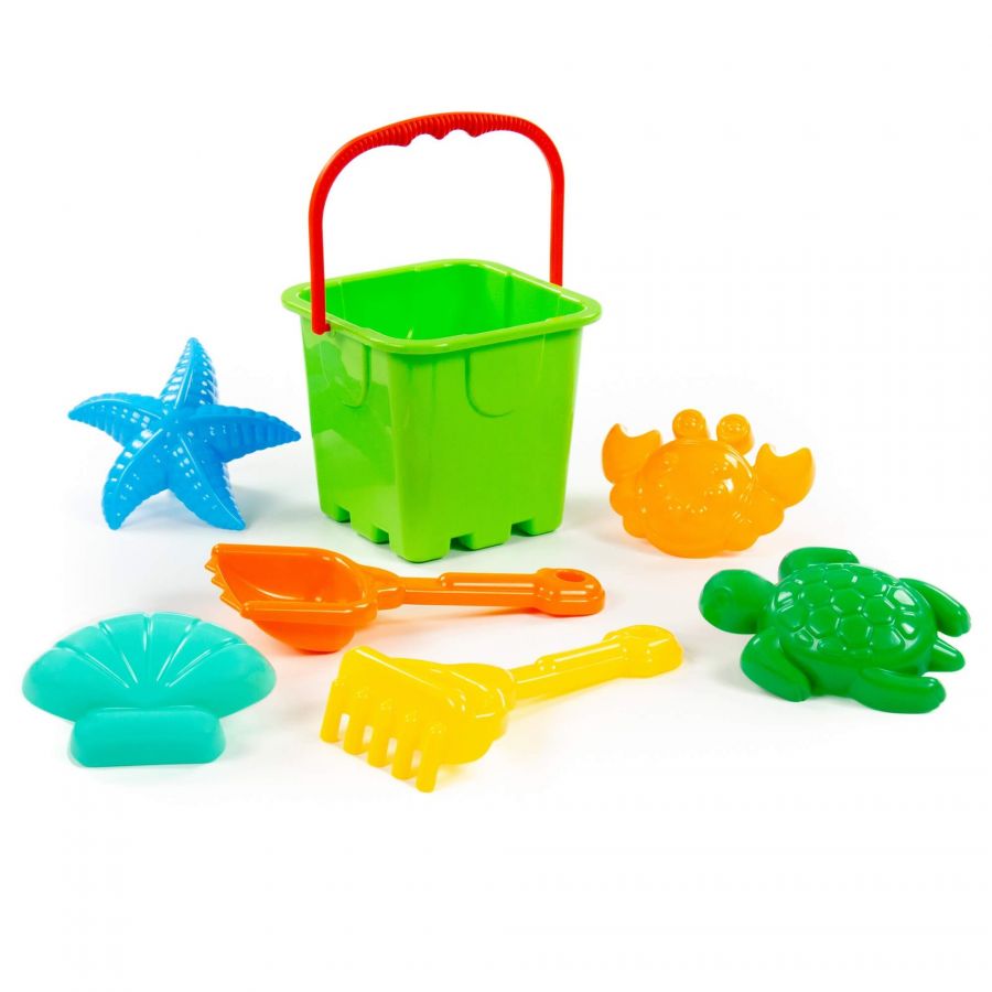 Набор №290: ведро-крепость большое, совок №8, грабельки №8, формочки (краб №2 + морская звезда №2 + ракушка №2 + черепаха)
