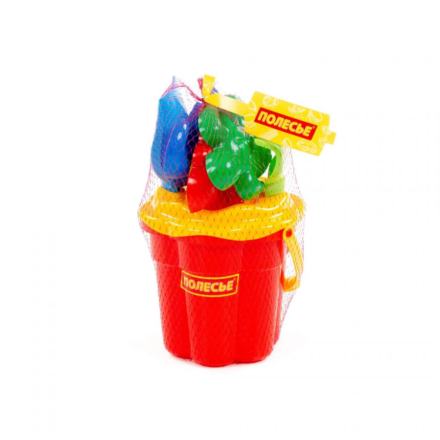 Набор №307: ведро-цветок среднее №3, ситечко-цветок среднее №3, лопатка №5, грабельки №5, формочки (краб №2 + морской конёк + ракушка №2 + черепаха)