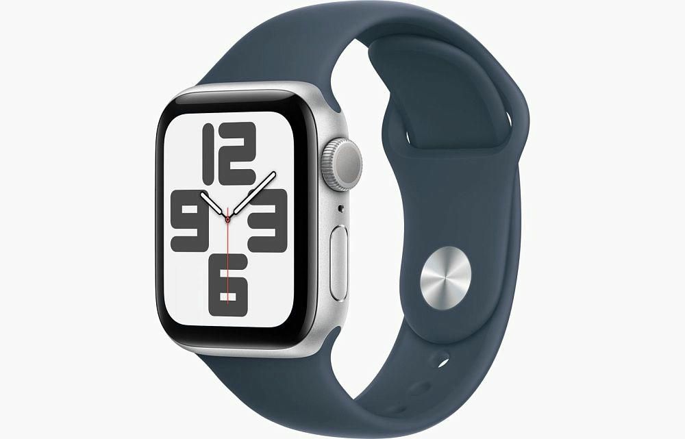 Apple Watch SE Gen 2 40mm (GPS) Silver Aluminum Case with Storm Blue Sport Band (S/M) (MRE13)